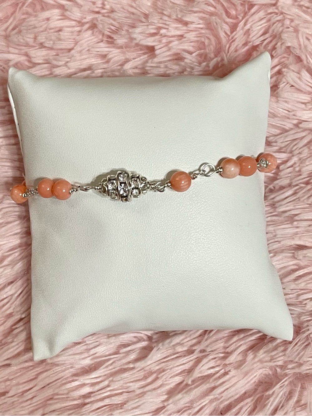 Hand made Angel Skin Coral 5mm bracelet Size:7 1/2 inch/ extin 8 inch. New!